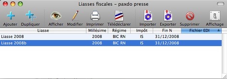 Liste des liasses fiscales avec indication de l'envoi EDI