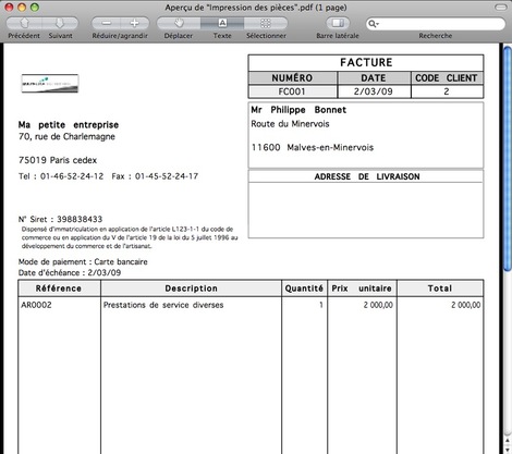 Facture ralise avec Ciel Auto-Entrepreneur Facile Mac