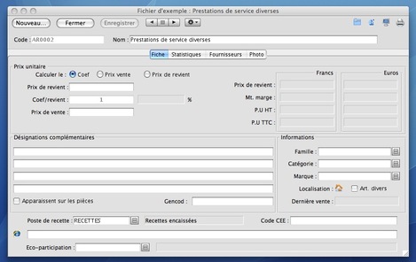 Une fiche d'article/prestation dans Ciel Auto-entrepreneur Facile Mac
