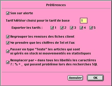 La fentre des prfrences de Export 8 Meteor
