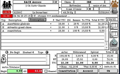 Une note d'honoraires du logiciel pour vtrinaire MacVet