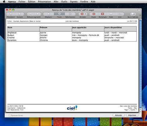 Aperu PDF d'un tableau personnalis cr avec Ciel Associations