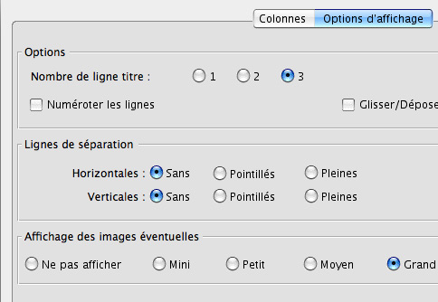 options d'affichage de la liste