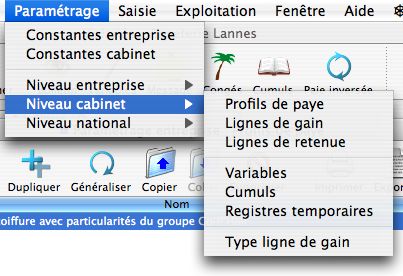 le menu de paramtrage de Cogilog Paye Pro