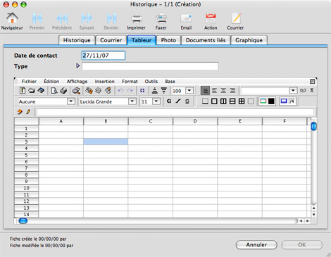 Fiche d'historique avec tableur