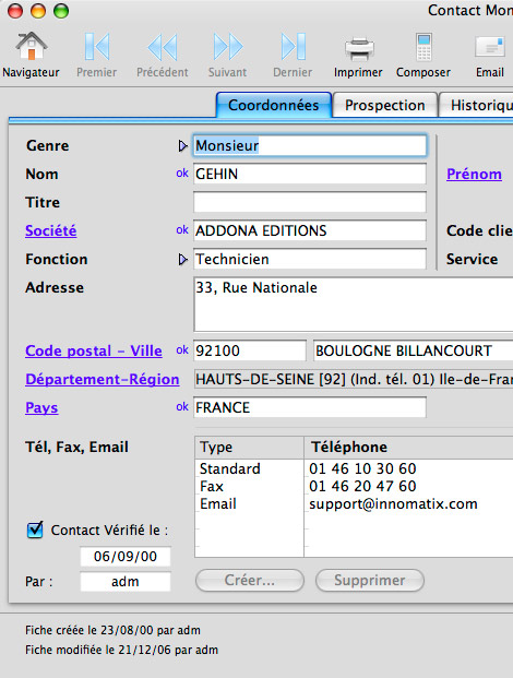 Fiche de contact