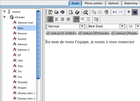 logiciel mac emailink: incorporation de champs de la base de donénes