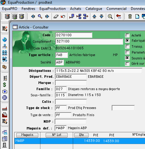 Le code d'une fiche article d'EquaProduction *
