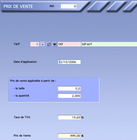 dfinition d'un prix de vente dans kinhelios TPV