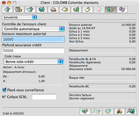 Sage Gestion Commerciale 30 v14 Mac : fiche client avec suivi financier de la COFACE