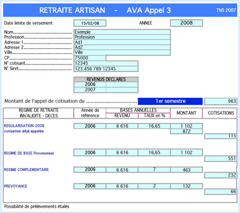 Appel de cotisations -Retraite artisan- dans AgiSoft TNS